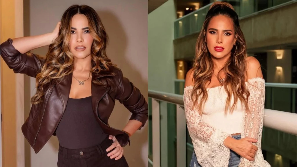 Wanessa Camargo, mulher de cabelo castanho ondulado, posa em dois retratos, usando jaqueta marrom e blusa branca rendada em ambiente interno.