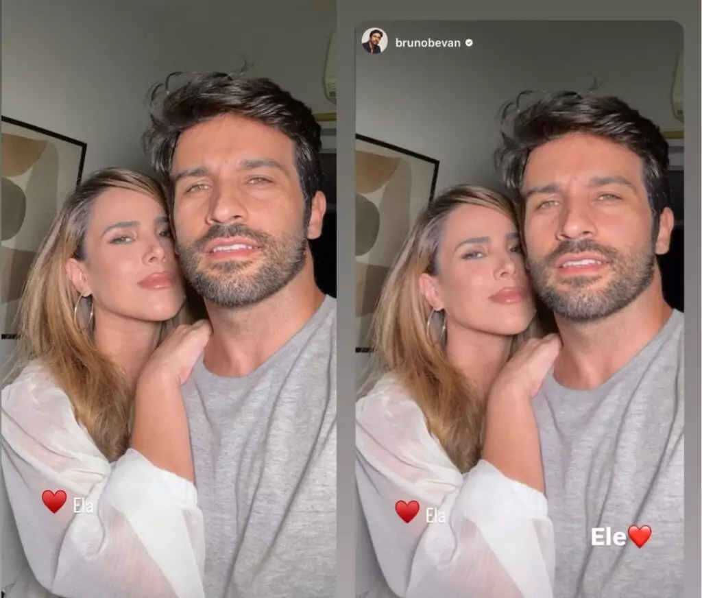 Wanessa Camargo e Bruno Bevan posam juntos em selfie, com ela apoiada no ombro dele, em ambiente interno com iluminação suave.