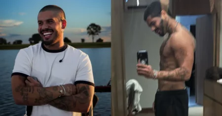 Zé Felipe surpreende em foto sem camisa após seguir atriz nas redes sociais Montagem mostra Zé Felipe sorrindo em área externa e, ao lado, o cantor aparece sem camisa em selfie no espelho exibindo o físico definido.