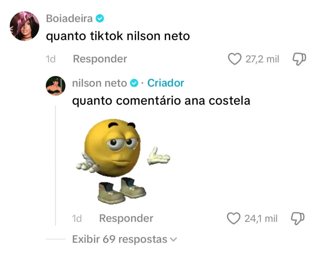 Ana Castela interage com cantor sertanejo e comentário faz fãs especularem romance; veja 1 Comentário de Ana Castela em publicação de Nilson Neto no TikTok, seguido por resposta bem-humorada do cantor que repercutiu entre os fãs.