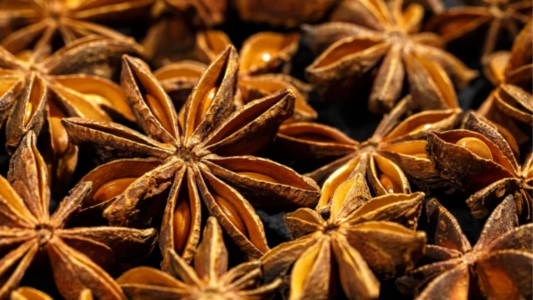 Sementes de anis espalhadas sobre uma superfície de madeira, destacando a especiaria conhecida pelo aroma intenso e sabor levemente adocicado.
