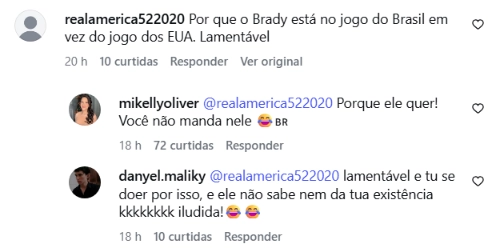 Prints mostram comentários de brasileiros no Instagram de Tom Brady, com mensagens de torcida pelo Brasil, emojis e brincadeiras sobre o jogo da Seleção