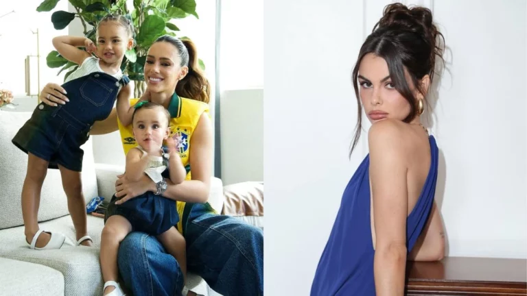 Bruna Biancardi nega ter impedido Amanda Kimberlly de ir à Copa do Mundo: ‘invenções’ Montagem mostra Bruna Biancardi com duas crianças em ambiente interno e Amanda Kimberlly em retrato com vestido azul.