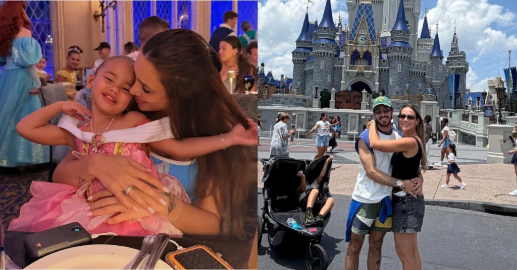 Bruna Biancardi abraça Mavie vestida de princesa da Disney enquanto Carol Dantas posa com o marido diante do Castelo da Cinderela no Magic Kingdom.