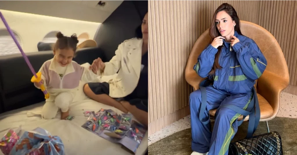 Mavie brinca durante voo para os Estados Unidos enquanto Bruna Biancardi aparece em outro registro compartilhado nas redes sociais antes da Copa do Mundo.