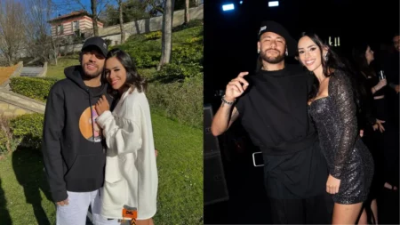 Montagem com fotos de Neymar e Bruna Biancardi