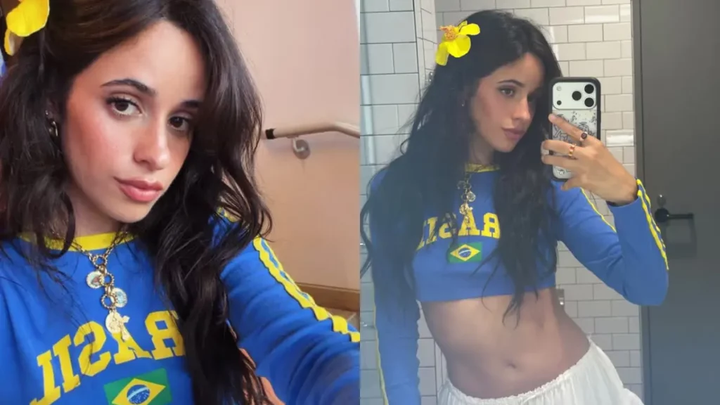 Camila Cabello posa com camisa do Brasil em selfies publicadas durante jogo da Seleção na Copa do Mundo.