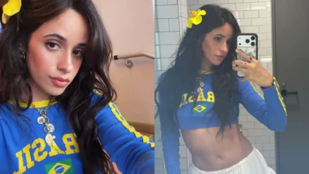 Camila Cabello posa com camisa do Brasil em selfies publicadas durante jogo da Seleção na Copa do Mundo.