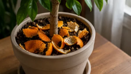 cascas de laranja em um vaso de plantas