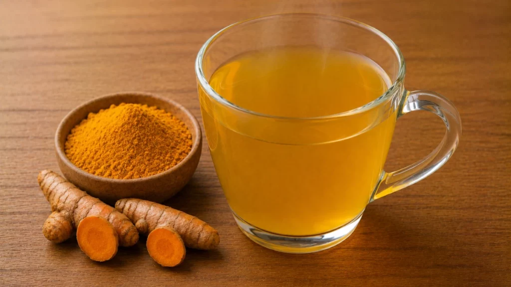 Xícara de chá de cúrcuma sobre mesa de madeira, com cúrcuma em pó e raízes frescas ao lado.