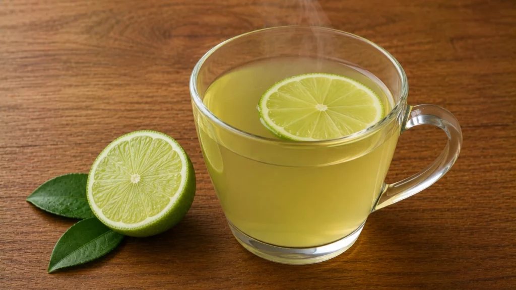 Chá de limão: para que serve, benefícios e receita fácil de preparar Xícara de chá de limão sobre mesa de madeira com fruta cortada ao meio ao lado.