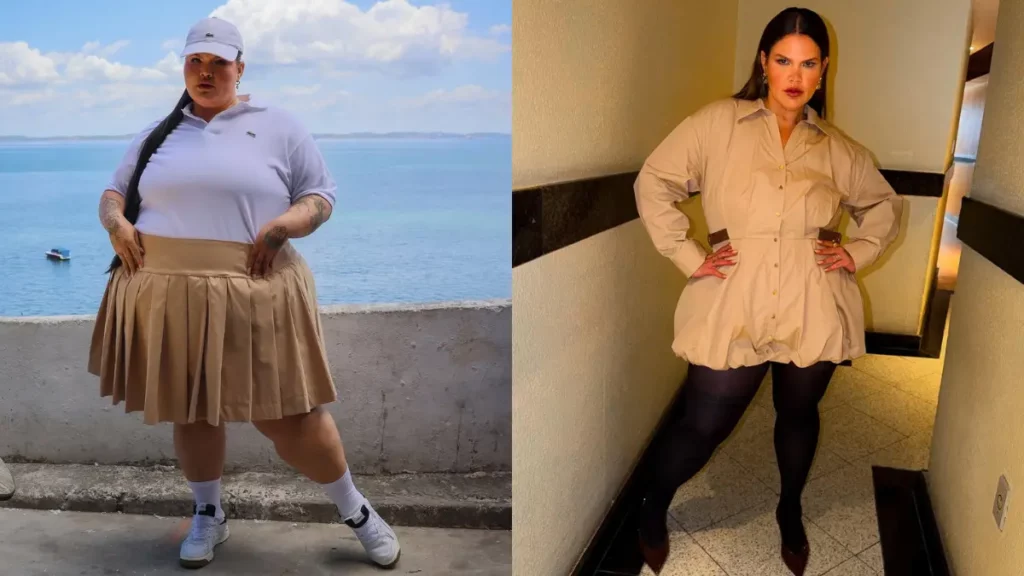 Comparação do antes e depois de Thais Carla após a bariátrica, mostrando a influenciadora em duas fases distintas da transformação física e perda de peso.