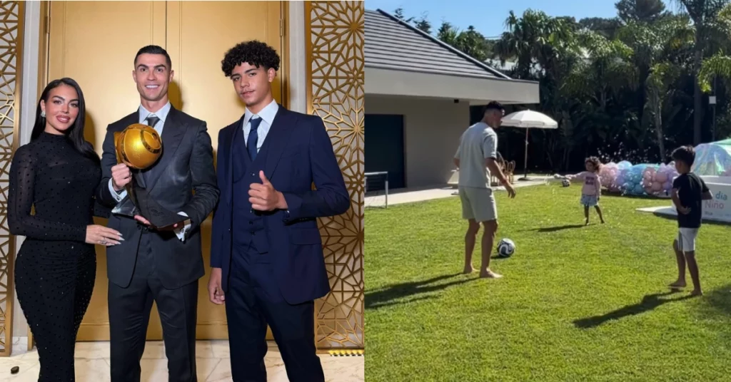 Montagem mostra Georgina Rodríguez e Cristiano Ronaldo posando com um troféu ao lado do filho e, ao lado, o jogador brincando com as crianças no jardim da mansão da família.