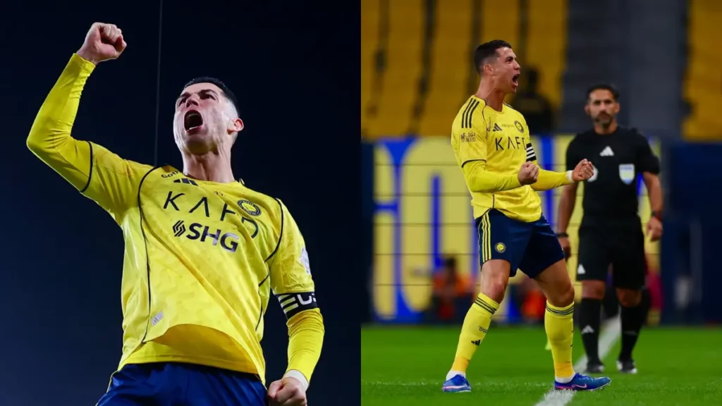 Salário de Cristiano Ronaldo: valor por hora impressiona 1 Montagem com duas imagens de Cristiano Ronaldo pelo Al-Nassr. À esquerda, o atacante comemora com o punho cerrado após uma jogada; à direita, celebra durante uma partida do clube saudita em campo.