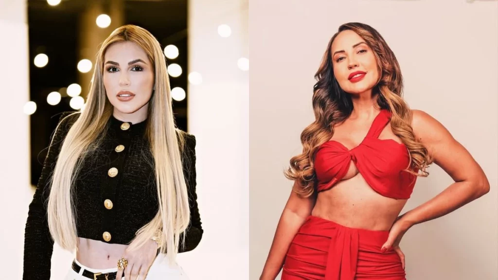Montagem mostra Deolane Bezerra e Daniele Bezerra em retratos individuais, usando looks elegantes em poses para fotos.