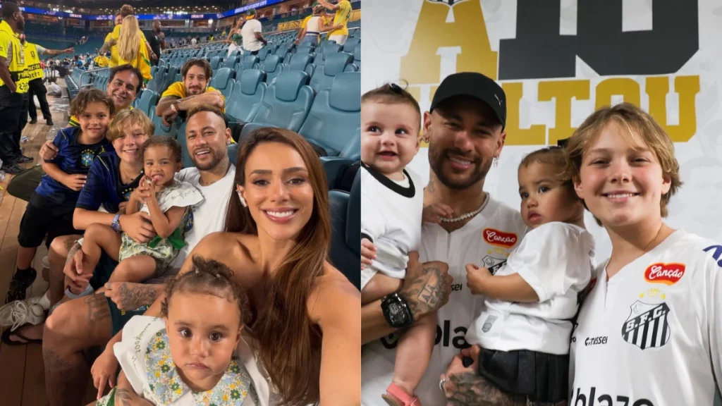 Montagem mostra Neymar com familiares em estádio durante jogo do Brasil e ao lado de Davi Lucca, Mavi e Helena usando camisa do Santos.