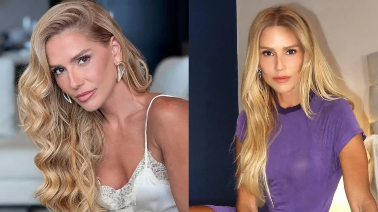 Montagem com duas fotos de Deborah Secco, mulher loira, posando com expressão séria.