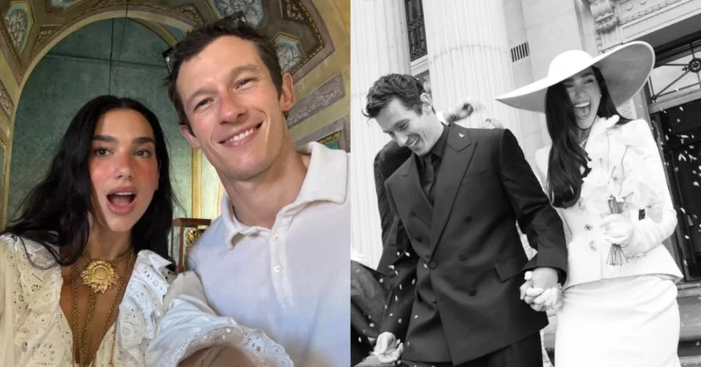 Casamento de Dua Lipa na Itália causa revolta entre moradores; entenda Dua Lipa e Callum Turner aparecem em montagem com selfie do casal e registro em preto e branco da cerimônia civil em Londres