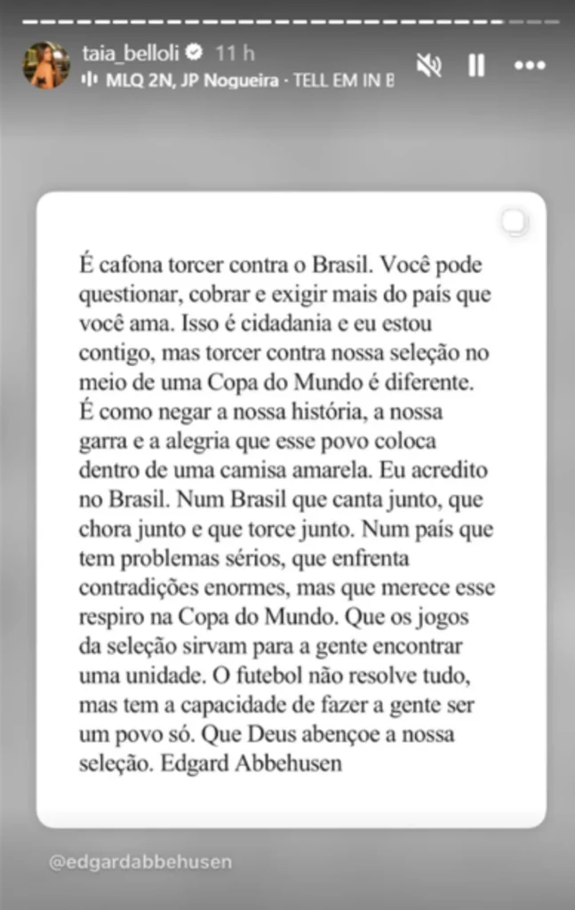 Story compartilhado por Natalia Belloli, esposa de Raphinha, com mensagem defendendo apoio à Seleção Brasileira durante a Copa do Mundo após críticas ao jogador.