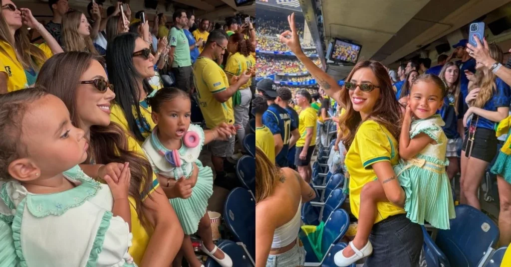 Bruna Biancardi encanta com torcida das filhas e look romântico na Copa Bruna Biancardi curtiu a vitória do Brasil com Mavie no colo e uma camisa personalizada por Neymar, mas revelou que o pós-jogo foi pura correria.