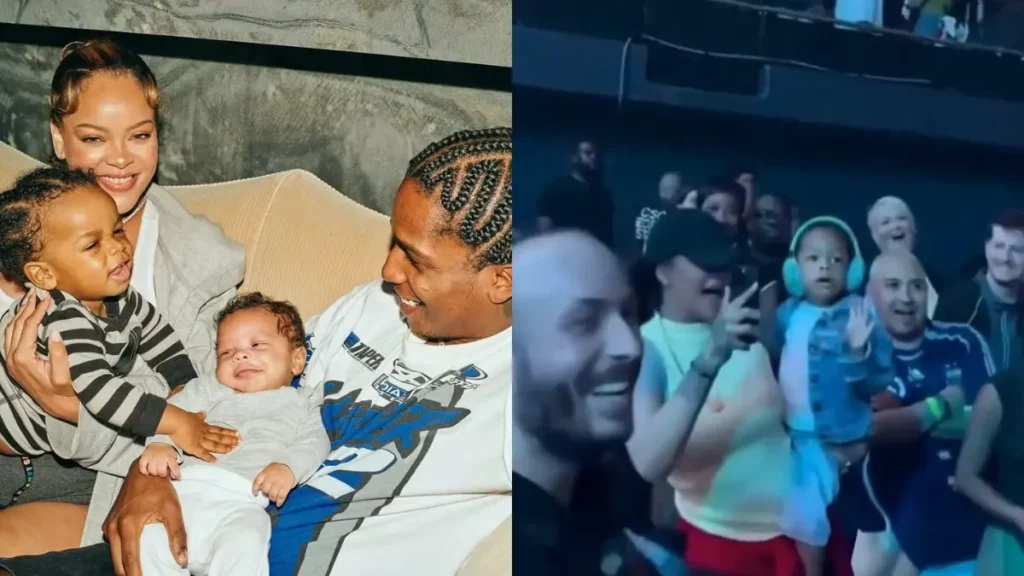 Colagem com duas fotos lado a lado. Na esquerda, o casal de artistas Rihanna e A$AP Rocky sorri enquanto segura no colo os seus dois filhos pequenos, bebês. Na direita, uma foto de ângulo aberto mostra Rihanna no meio de uma plateia em um show, segurando um dos filhos, que usa fones de ouvido infantis verdes, enquanto as pessoas ao redor sorriem.