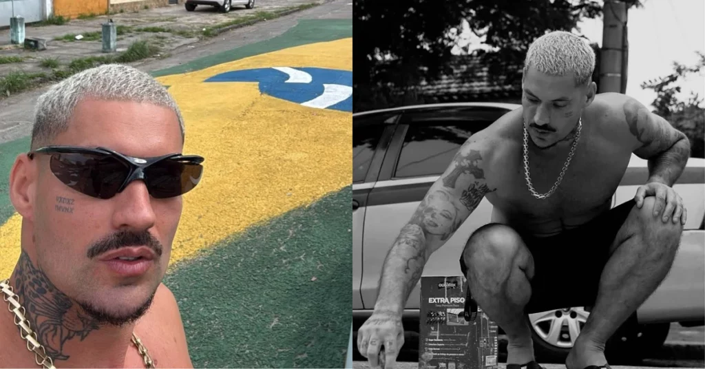 Filipe Ret aparece em montagem com selfie ao ar livre e registro em preto e branco ao lado de um carro