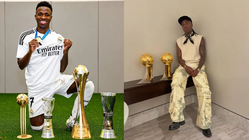 Fortuna de Vini Jr: patrimônio, salário e o bilhão da Arábia Saudita Montagem com fotos mostrando premios e a fortuna de Vini Jr.