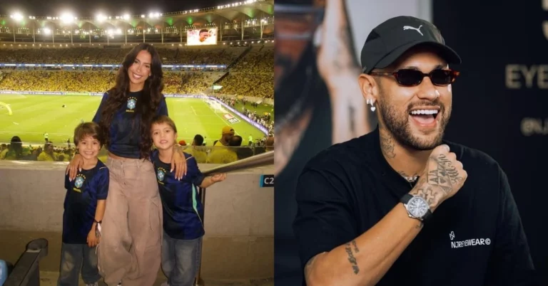 Gabi Brandt posa com os filhos em estádio após jogo da Seleção Brasileira, ao lado de foto de Neymar sorrindo de boné e óculos escuros