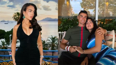 Montagem mostra Georgina Rodríguez sozinha e, ao lado, abraçada com Cristiano Ronaldo após o reencontro do casal.