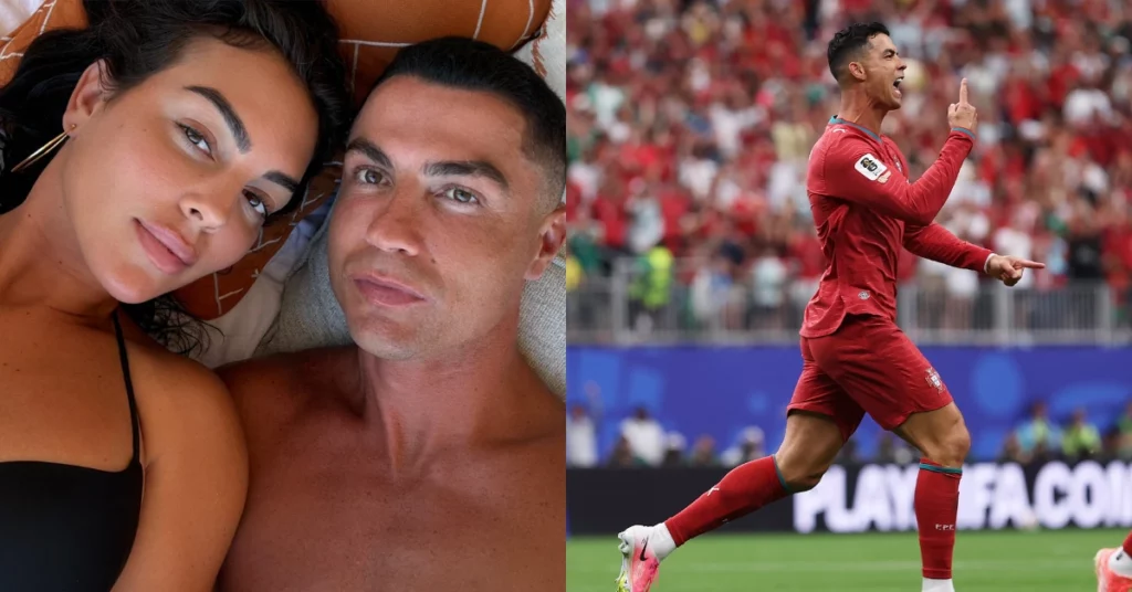 Georgina Rodríguez posa ao lado de Cristiano Ronaldo em montagem com jogador comemorando gol por Portugal