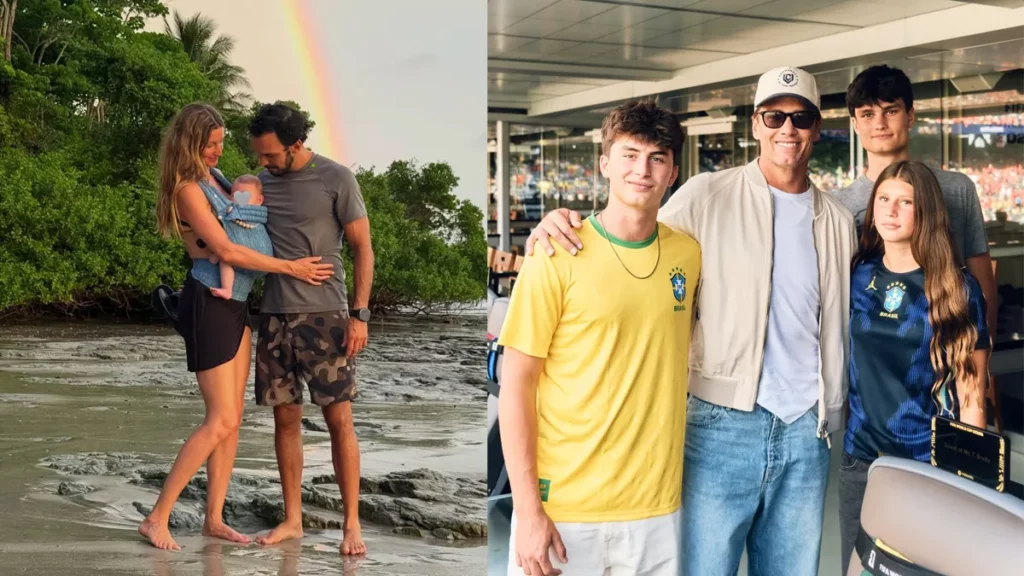 Gisele Bündchen vira assunto após ignorar Tom Brady em homenagem; confira Montagem de fotos com Gisele Bundchen, Joaquim Valente, Tom Brady e os filhos.