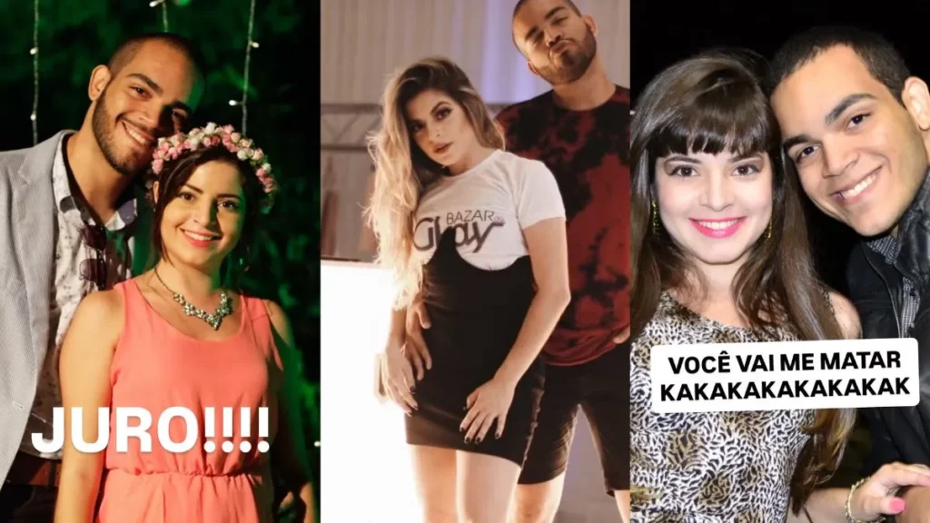 Montagem com três fotos mostrando diferentes fases da influenciadora, ilustrando Gkay antes da fama e a transformação visual ao longo dos anos.