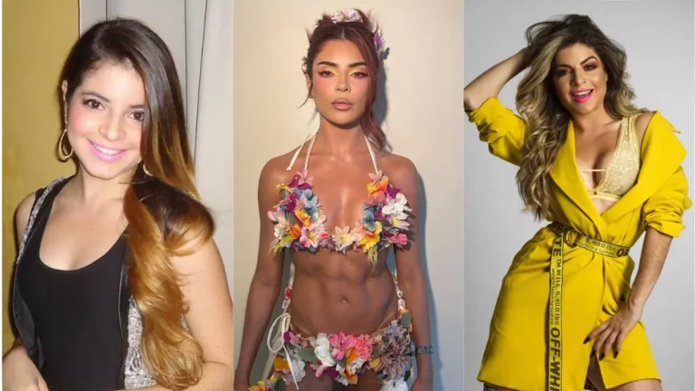 Montagem com três fotos mostrando diferentes fases da influenciadora, ilustrando Gkay antes da fama e a transformação visual ao longo dos anos.