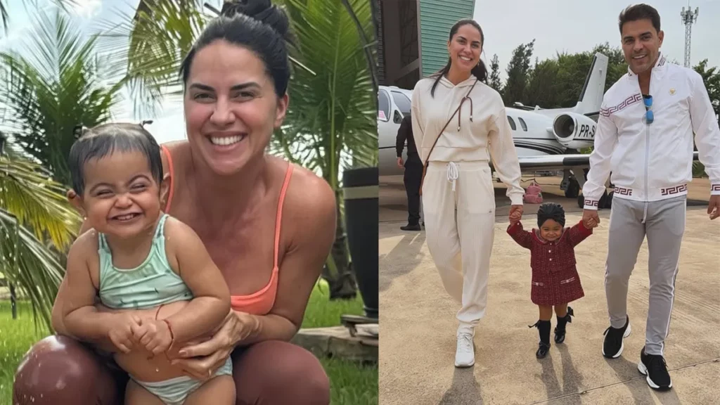 Emocionada, Graciele Lacerda abre o coração sobre recuperação da filha após cirurgia Montagem de fotos com Graciele Lacerda, Zeze Di Camargo e a filha, Clara di camargo.