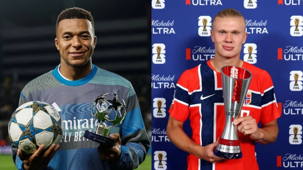 Montagem mostra Kylian Mbappé e Erling Haaland exibindo troféus individuais, em comparação entre craques do futebol europeu.