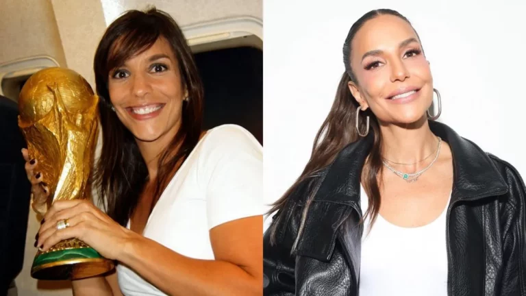Montagem mostra Ivete Sangalo em diferentes momentos da carreira, segurando a taça da Copa do Mundo e posando para retrato recente.