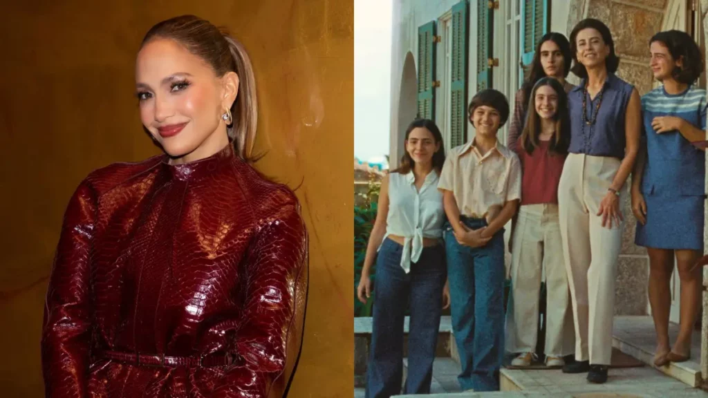 Montagem mostra Jennifer Lopez sorrindo com vestido vinho e cena do filme Ainda Estou Aqui, com Fernanda Torres e elenco reunidos em frente a uma casa.