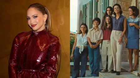 Montagem mostra Jennifer Lopez sorrindo com vestido vinho e cena do filme Ainda Estou Aqui, com Fernanda Torres e elenco reunidos em frente a uma casa.