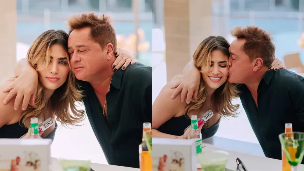 Leonardo aparece ao lado da filha Jéssica Beatriz Costa em duas fotos. Em uma delas, os dois posam abraçados; na outra, o cantor dá um beijo no rosto da filha durante uma confraternização familiar.