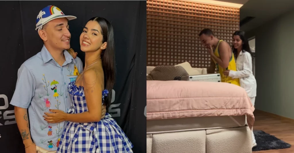 Montagem mostra João Gomes e Ary Mirelle posando juntos e, ao lado, o momento em que a influenciadora entrega ao cantor o microfone que ele desejava há anos.