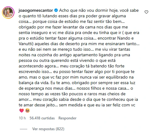 Comentário publicado por João Gomes no Instagram agradecendo Ary Mirelle pelo apoio durante momentos de insegurança e desafios vividos ao longo da carreira musical.