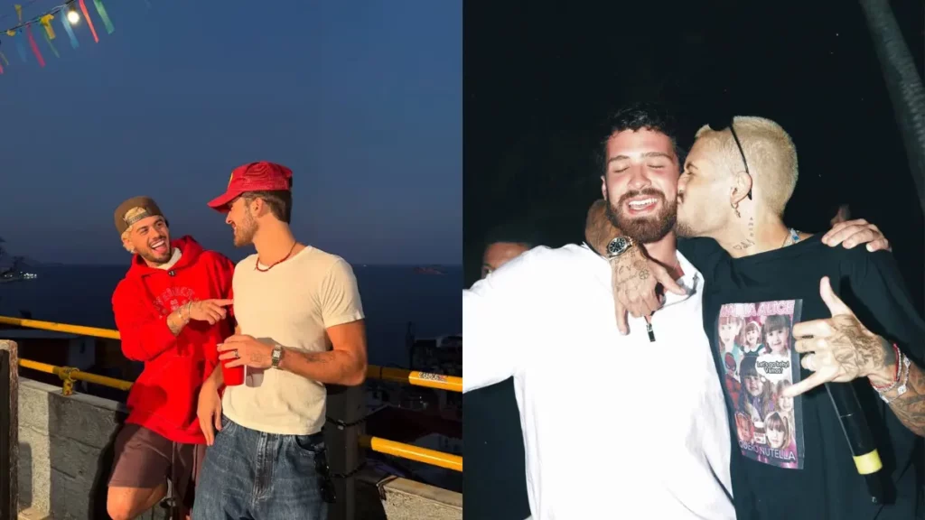 Montagem com duas fotos de João Guilherme e Zé Felipe juntos. Nas imagens, os irmãos aparecem sorrindo, conversando e demonstrando carinho durante encontros e eventos sociais.