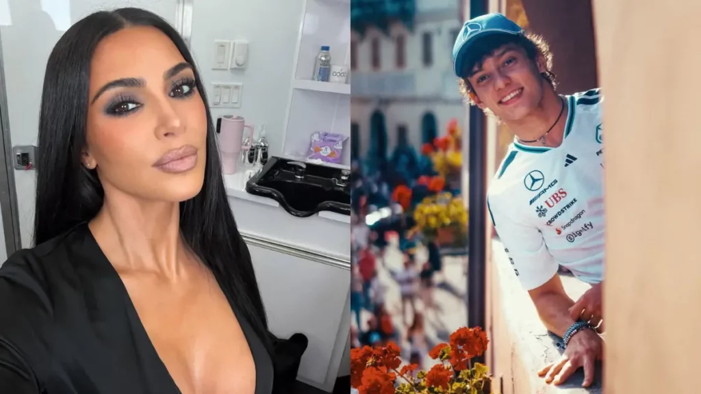 Montagem com Kim Kardashian em um selfie usando roupa preta e Kimi Antonelli sorrindo com uniforme da Mercedes durante o GP de Mônaco.