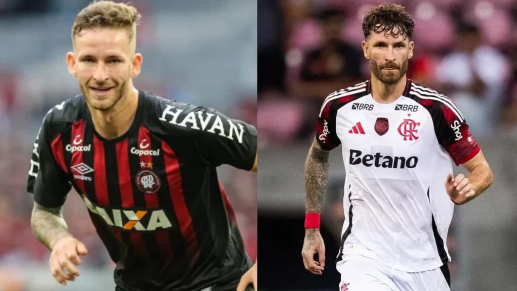 Montagem compara Léo Pereira antes e depois, em campo com camisa do Athletico Paranaense e do Flamengo durante partidas.