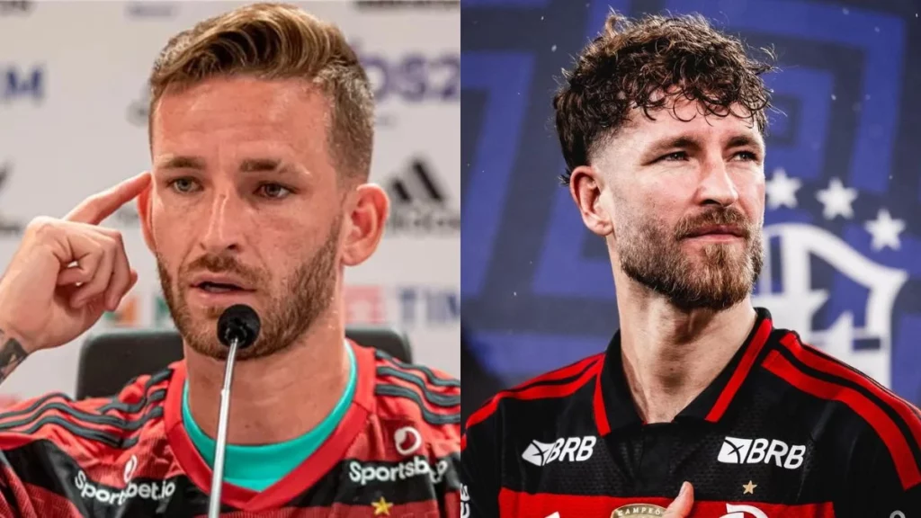 Montagem destaca Léo Pereira antes e depois, com visual em entrevista coletiva e em retrato recente vestindo uniforme do Flamengo.