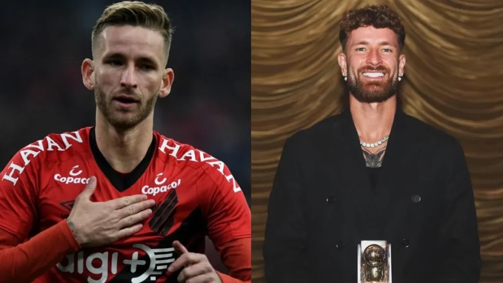 Montagem compara Léo Pereira antes e depois, com uniforme do Athletico Paranaense em campo e visual recente em evento de premiação.