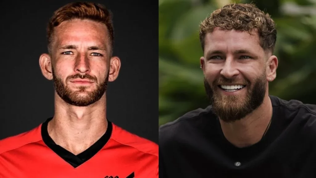 Montagem compara Léo Pereira antes e depois, com retrato em uniforme do Athletico Paranaense e imagem recente sorrindo em ambiente externo.