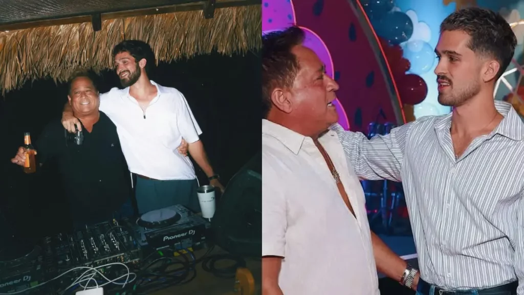Montagem com duas fotos de João Guilherme e Leonardo. Na primeira imagem, pai e filho aparecem abraçados durante um encontro descontraído. Na segunda, os dois conversam e posam juntos em um evento, demonstrando proximidade familiar.