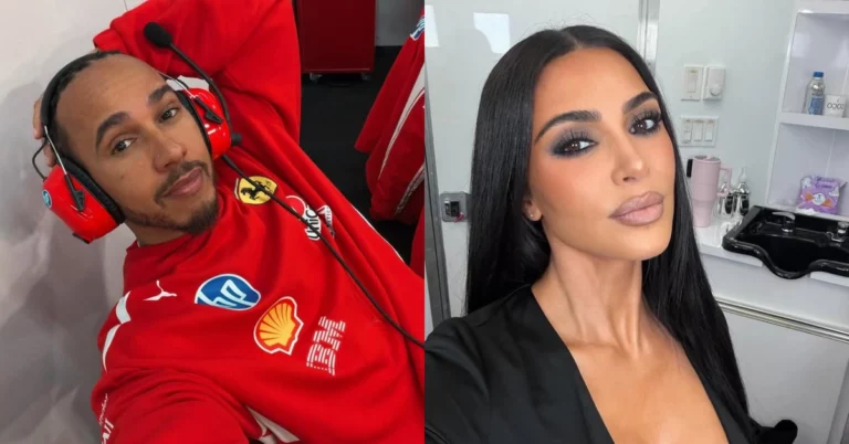 Montagem mostra Lewis Hamilton usando uniforme vermelho da Ferrari com headset e Kim Kardashian posando com cabelo preto liso e maquiagem marcada