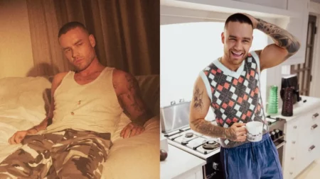 Montagem com duas fotos de Liam Payne; à esquerda, o cantor aparece sentado em uma cama usando camiseta regata branca e calça camuflada, enquanto à direita sorri em uma cozinha segurando uma caneca.